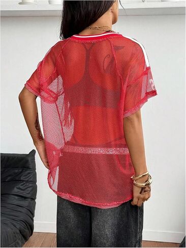 Women's Y2K Jersey Shirts Striped Sheer Mesh Crop Top See Through V Neck Short Sleeve Sports Tees Streetwear in Kuwait