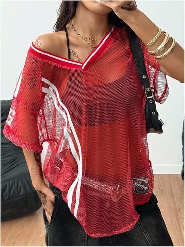 Women's Y2K Jersey Shirts Striped Sheer Mesh Crop Top See Through V Neck Short Sleeve Sports Tees Streetwear in Kuwait