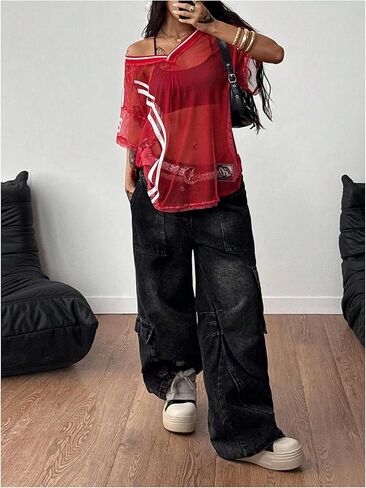 Women's Y2K Jersey Shirts Striped Sheer Mesh Crop Top See Through V Neck Short Sleeve Sports Tees Streetwear in Kuwait