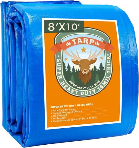 Tarps Heavy Duty Waterproof 8x10, Blue Tarp, Waterproof Plastic Poly 16 Mil Thick Tarpaulin with Metal Grommets Every 19.5 Inches - Emergency Rain Shelter, Outdoor Cover, and Camping Use in Kuwait