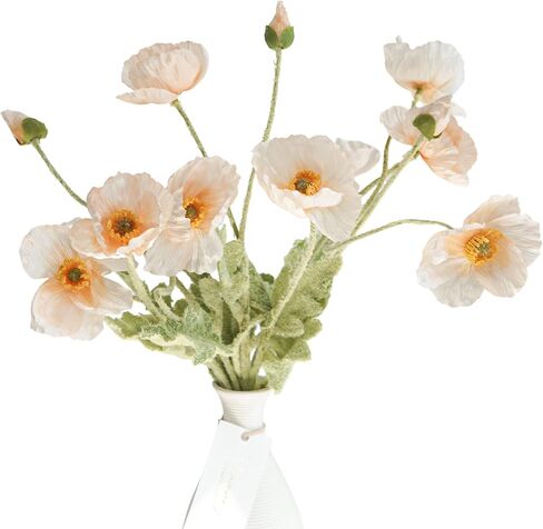 Kamang Artificial Poppy Silk Flowers (3 Stems) for Home Decor, Wedding Bouquet. Faux Poppy Flower Centerpiece. Artificial Coral Flower Arrangement. Silk Flowers (Apricot Coral) in Kuwait