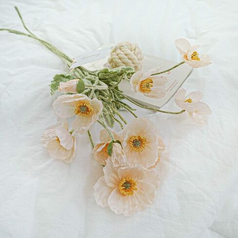 Kamang Artificial Poppy Silk Flowers (3 Stems) for Home Decor, Wedding Bouquet. Faux Poppy Flower Centerpiece. Artificial Coral Flower Arrangement. Silk Flowers (Apricot Coral) in Kuwait