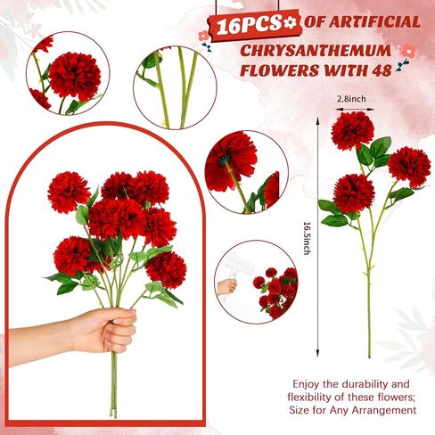 Giegxin 48 Heads Artificial Chrysanthemum Flowers Bouquets Plastic Hydrangea Silk Mums Hydrangea Wedding Bouquets for Home Garden Party Office Decoration Table Floral Centerpieces(Red) in Kuwait