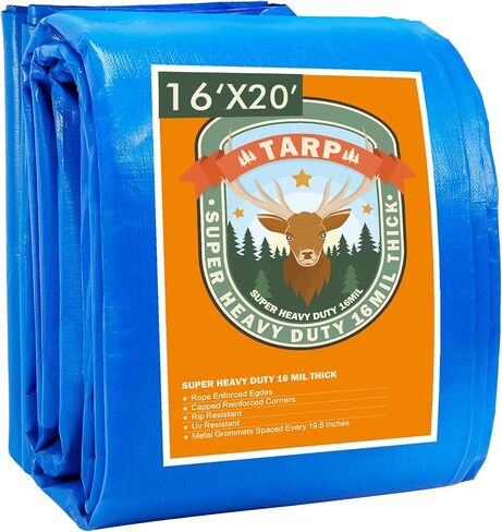 Tarps Heavy Duty Waterproof 8x10, Blue Tarp, Waterproof Plastic Poly 16 Mil Thick Tarpaulin with Metal Grommets Every 19.5 Inches - Emergency Rain Shelter, Outdoor Cover, and Camping Use in Kuwait