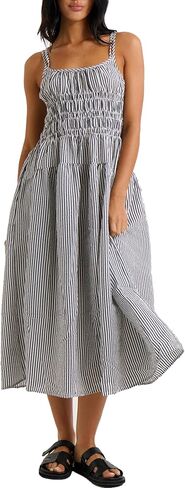 Women's 2025 Summer Striped Smocked Maxi Dress Sleeveless Boho Sundress Double Strap Flowy Swing for Beach Vacation in Saudi Arabia