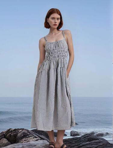 Women's 2025 Summer Striped Smocked Maxi Dress Sleeveless Boho Sundress Double Strap Flowy Swing for Beach Vacation in Saudi Arabia