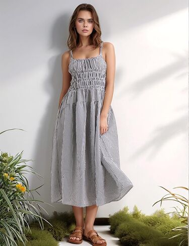 Women's 2025 Summer Striped Smocked Maxi Dress Sleeveless Boho Sundress Double Strap Flowy Swing for Beach Vacation in Saudi Arabia