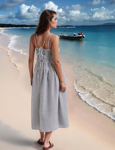 Women's 2025 Summer Striped Smocked Maxi Dress Sleeveless Boho Sundress Double Strap Flowy Swing for Beach Vacation in Saudi Arabia