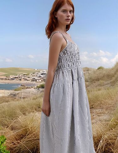 Women's 2025 Summer Striped Smocked Maxi Dress Sleeveless Boho Sundress Double Strap Flowy Swing for Beach Vacation in Saudi Arabia