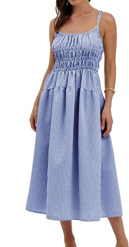 Women's 2025 Summer Striped Smocked Maxi Dress Sleeveless Boho Sundress Double Strap Flowy Swing for Beach Vacation in Saudi Arabia