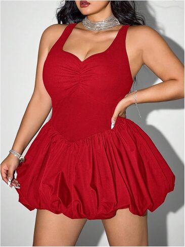 MakeMeChic Women's Plus Size Sleeveless Bubble Dress Ruched Rib Knitted A Line Mini Dresses in Saudi Arabia