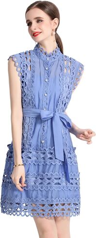 LAI MENG FIVE CATS Womens Summer Sleeveless Hollow Out Button Up Casual Mini Party Dresses with Belt in Saudi Arabia