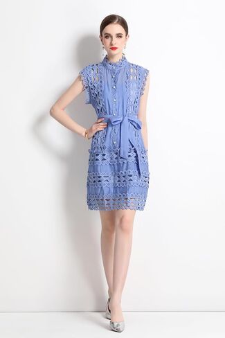 LAI MENG FIVE CATS Womens Summer Sleeveless Hollow Out Button Up Casual Mini Party Dresses with Belt in Saudi Arabia