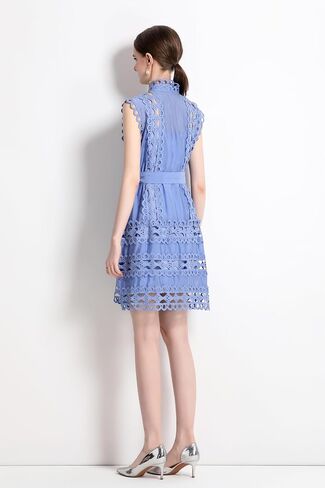 LAI MENG FIVE CATS Womens Summer Sleeveless Hollow Out Button Up Casual Mini Party Dresses with Belt in Saudi Arabia