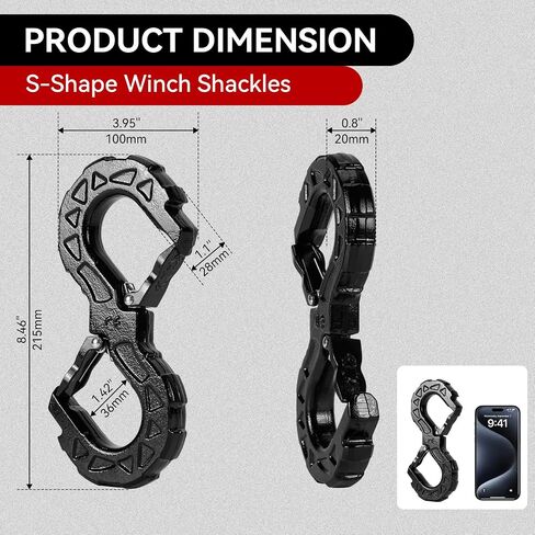3/8-inch Tow Hook – S-Hook for Off-Road Recovery – G80 Heavy-Duty S Hooks with Quick Shackle – 33,000lbs Towing Capacity – Ideal for Pickup Trucks, Trailers, SUVs in Saudi Arabia