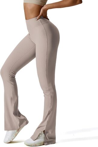 Womens Ribbed Flared Leggings Slit Hem High Waist Bootcut Yoga Pants Workout Bootleg Pants in Kuwait