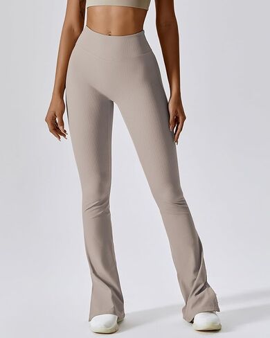 Womens Ribbed Flared Leggings Slit Hem High Waist Bootcut Yoga Pants Workout Bootleg Pants in Kuwait