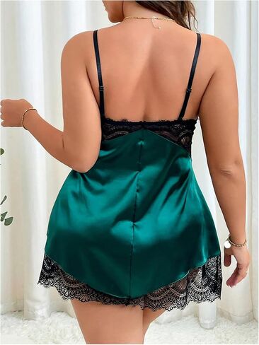 Wdirara Women's Plus Linger Lingerie مجموعة ساتان Chemise Lightgown مع Thong 2 قطعة ليلية in Kuwait