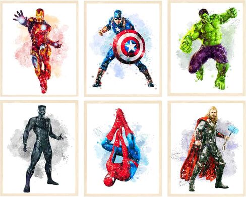 Watercolor Superhero Poster | Super Hero Wall Posters Room Decor | Kids Bedroom Decor | Gift for Superhero Fans | Set of 6 Pieces | 8 x 10 inch | HD Prints | 350gsm Paper with Protective Coating | Unframed in Saudi Arabia