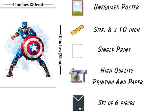 Watercolor Superhero Poster | Super Hero Wall Posters Room Decor | Kids Bedroom Decor | Gift for Superhero Fans | Set of 6 Pieces | 8 x 10 inch | HD Prints | 350gsm Paper with Protective Coating | Unframed in Saudi Arabia