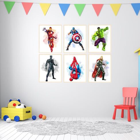 Watercolor Superhero Poster | Super Hero Wall Posters Room Decor | Kids Bedroom Decor | Gift for Superhero Fans | Set of 6 Pieces | 8 x 10 inch | HD Prints | 350gsm Paper with Protective Coating | Unframed in Saudi Arabia