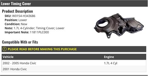 Lower Timing Cover - Compatible with 2001-2005 Honda Civic 1.7L 4-Cylinder in Saudi Arabia