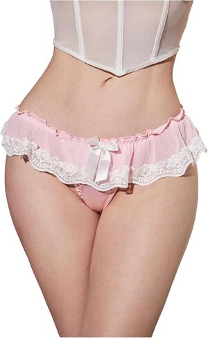 OYOANGLE Women's Bow Ruffle Lace Trim Thongs Low Rise Frilly Cheeky Underwear Panties in Saudi Arabia