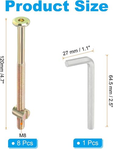 PATIKIL M8 x 50mm Bunk Bed Bolts, 8 Pack Hex Drive Socket Cap Barrel Screws Bolt Nuts Assortment Kit with 1Pcs Wrench for Furniture Bed, Zinc Color in Saudi Arabia