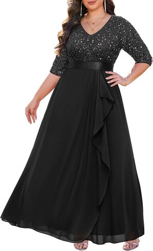 Plus Size Formal Dresses - V Neck 3/4 Sleeves Sequin Evening Gowns Prom Gala Wedding Guest Chiffon Long Maxi Dress in Saudi Arabia