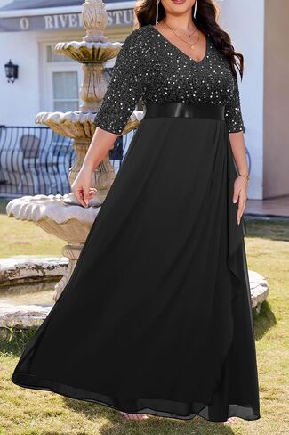 Plus Size Formal Dresses - V Neck 3/4 Sleeves Sequin Evening Gowns Prom Gala Wedding Guest Chiffon Long Maxi Dress in Saudi Arabia