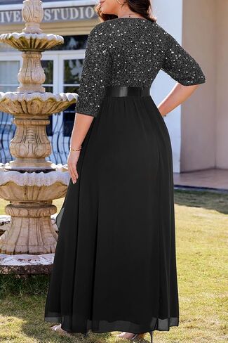 Plus Size Formal Dresses - V Neck 3/4 Sleeves Sequin Evening Gowns Prom Gala Wedding Guest Chiffon Long Maxi Dress in Saudi Arabia
