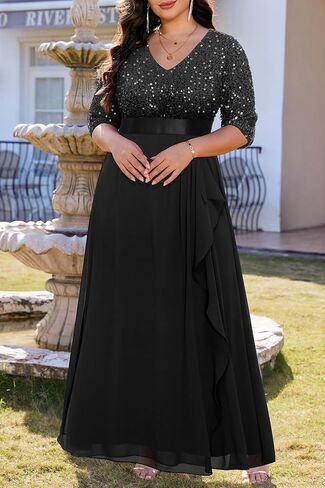 Plus Size Formal Dresses - V Neck 3/4 Sleeves Sequin Evening Gowns Prom Gala Wedding Guest Chiffon Long Maxi Dress in Saudi Arabia