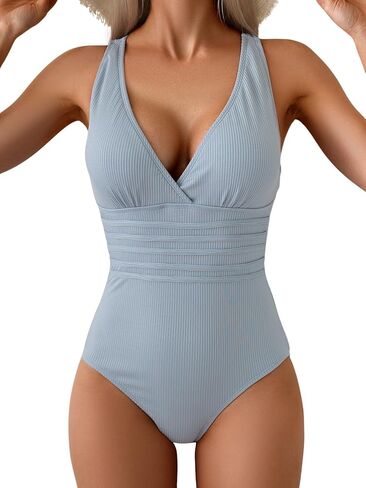 Eomenie One Piece Swimsuit for Women Tummy Control Slimming Bathing Suit Wide Straps V Neck Swim Suit Cross Back Swimwear in Kuwait
