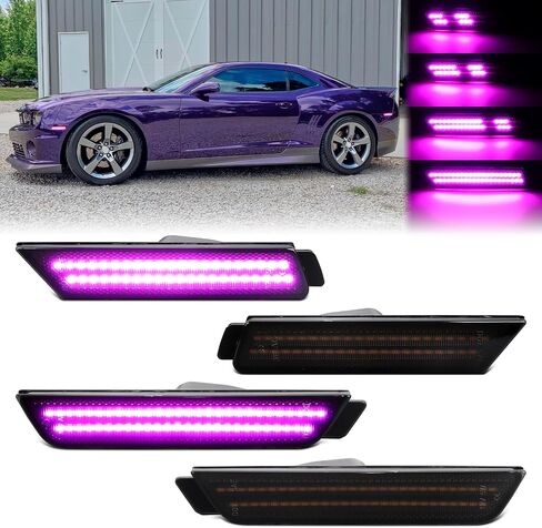 Dynamic Pink Purple LED Side Marker Lights Front Rear Bumper Marker Lamps for 2010-2015 Chevy Camaro, Smoked Lens Fender Sequential Reflectors 4PCS in Kuwait