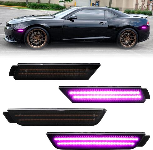 Dynamic Pink Purple LED Side Marker Lights Front Rear Bumper Marker Lamps for 2010-2015 Chevy Camaro, Smoked Lens Fender Sequential Reflectors 4PCS in Kuwait