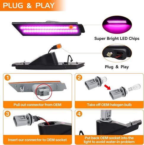 Dynamic Pink Purple LED Side Marker Lights Front Rear Bumper Marker Lamps for 2010-2015 Chevy Camaro, Smoked Lens Fender Sequential Reflectors 4PCS in Kuwait
