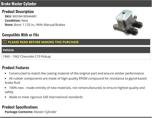 Brake Master Cylinder - متوافقة مع 1960-1962 Chevy C10 Pickup مع الفرامل اليدوية in Saudi Arabia