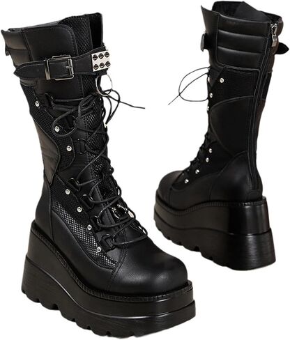 Gothniero Women Black Platform Goth Boots Mid Calf with Heel Knee High Boots Winter Chunky Heel Punk Rave Boots Girls Lace Up Combat Booties Size 5.5-11 in Kuwait