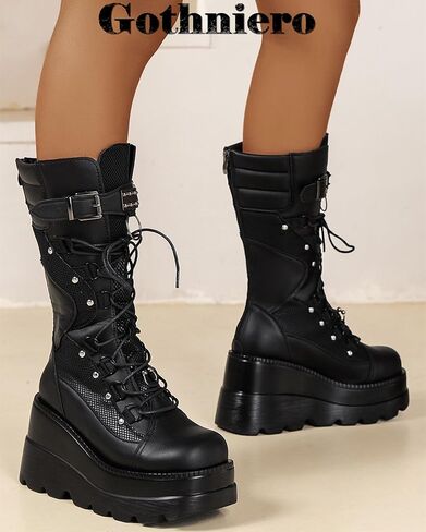 Gothniero Women Black Platform Goth Boots Mid Calf with Heel Knee High Boots Winter Chunky Heel Punk Rave Boots Girls Lace Up Combat Booties Size 5.5-11 in Kuwait