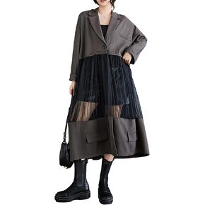 Women's Shirt Dress Long Sleeve Buttoned Tulle See Through Solid Patchwork Loose GZ304 in Saudi Arabia