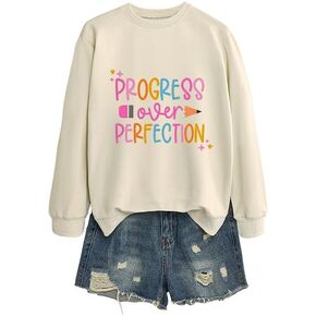 Sweatshirt for Women, Progress Over Perfection Sweatshirt Inspiring Teacher Long Sleeve Comfortable Pullover in Saudi Arabia