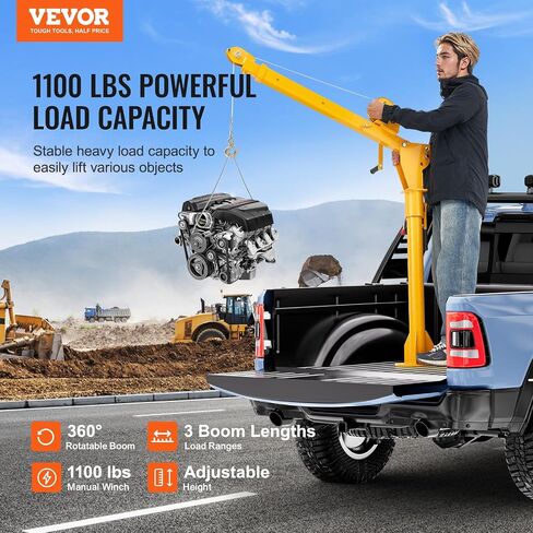 VEVOR Pickup Truck Crane with 1100 lbs Manual Winch, Folding Truck-Mounted Bed Crane, Steel Pickup Truck Jib Crane Hoist 360° Swivel for Lifting Goods in Construction, Factory in Saudi Arabia