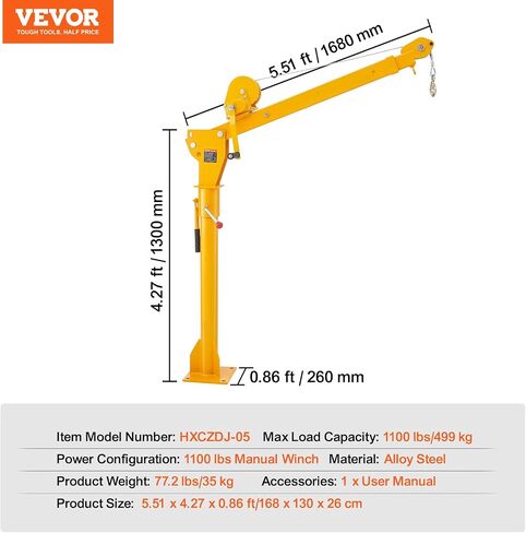 VEVOR Pickup Truck Crane with 1100 lbs Manual Winch, Folding Truck-Mounted Bed Crane, Steel Pickup Truck Jib Crane Hoist 360° Swivel for Lifting Goods in Construction, Factory in Saudi Arabia