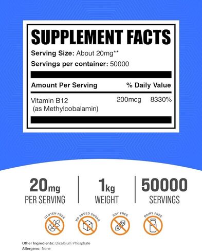 BulkSupplements.com Vitamin B12 Methylcobalamin Powder - 1% B12 Methylcobalamin, Essential B Vitamin - B12 Supplement, Gluten Free, 20mg per Serving, 50g (1.8 oz) (Pack of 1) in Saudi Arabia