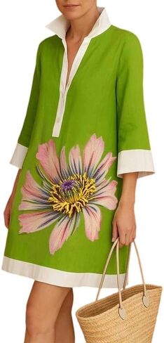 UOOZEE Summer Dresses for Women Casual Shirt Dress 3/4 Quarter Long Sleeve Printed Work Dress in Kuwait