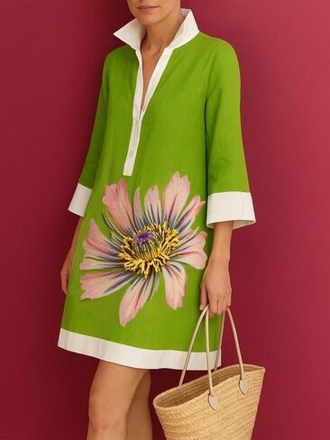 UOOZEE Summer Dresses for Women Casual Shirt Dress 3/4 Quarter Long Sleeve Printed Work Dress in Kuwait