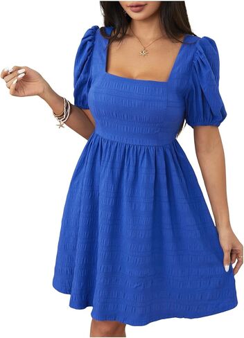 SOLY HUX Women's Summer Square Neck Puff Sleeve Dress Casual Vacation Swing A Line Short Dress in Saudi Arabia