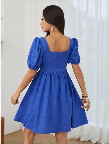 SOLY HUX Women's Summer Square Neck Puff Sleeve Dress Casual Vacation Swing A Line Short Dress in Saudi Arabia
