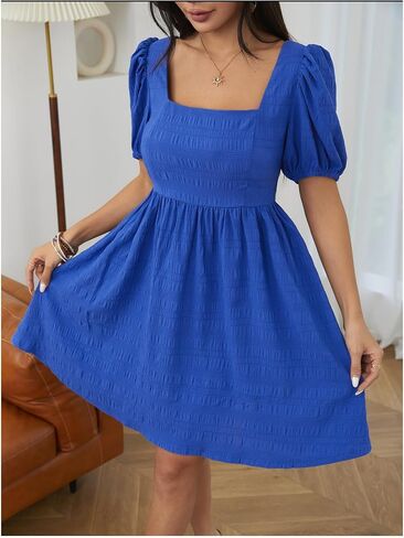 SOLY HUX Women's Summer Square Neck Puff Sleeve Dress Casual Vacation Swing A Line Short Dress in Saudi Arabia