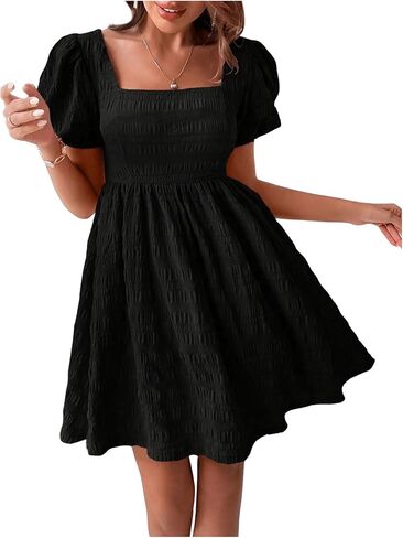 SOLY HUX Women's Summer Square Neck Puff Sleeve Dress Casual Vacation Swing A Line Short Dress in Saudi Arabia